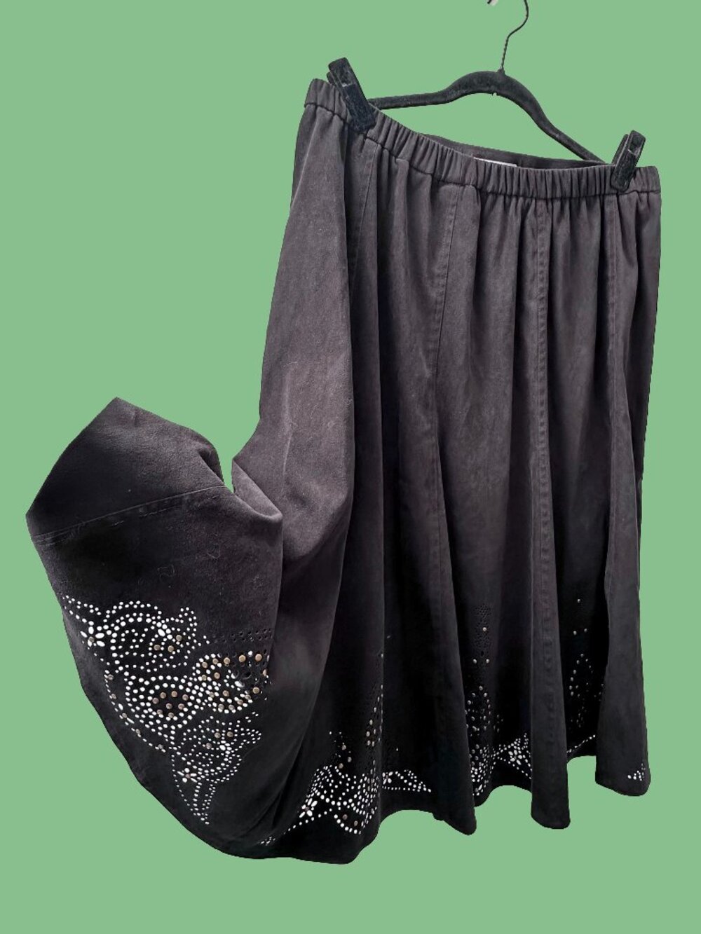 TanJay Black Midi Skirt Laser Cut Floral Hem Elastic Waist Western Boho 16P